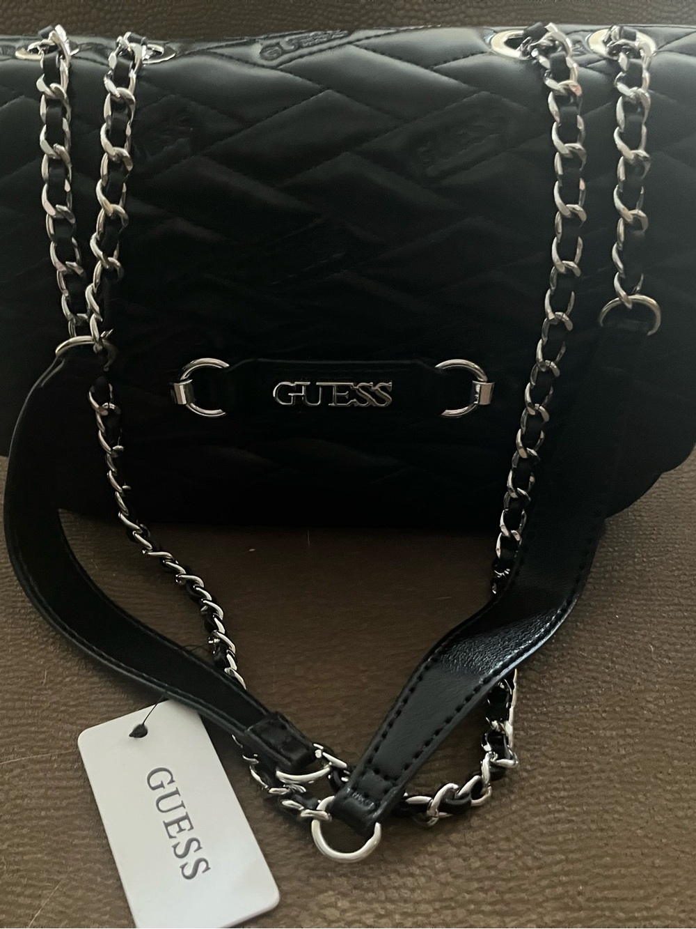GUESS Black Quilted Shoulder Bag with Silver Chain Accents